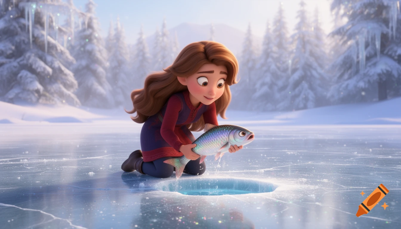 A young animated woman kneels on a frozen lake, holding a fish caught from an ice hole, in Pixar style with snowy trees.