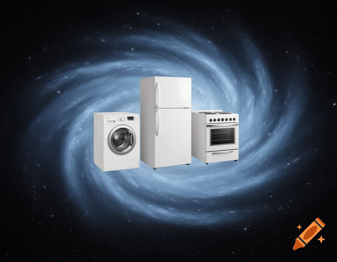 Three white household appliances (washing machine, refrigerator, electric stove) float in a dark starry space with a swirling blue galaxy.
