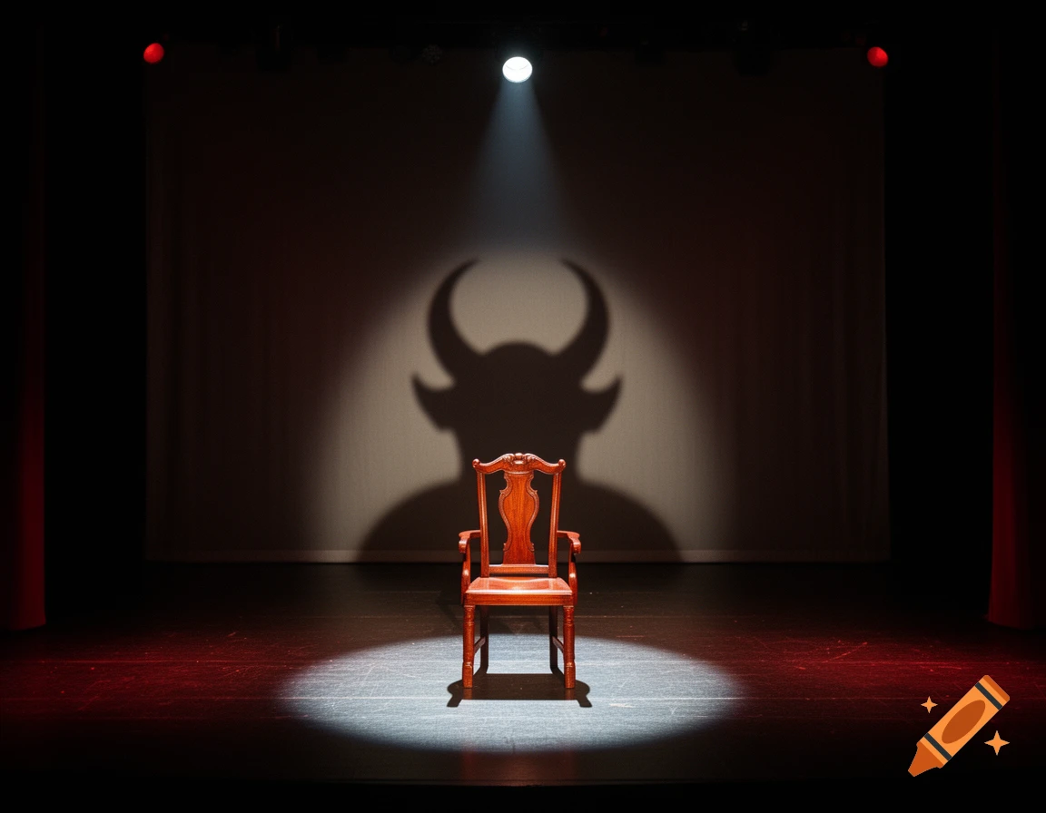 An empty wooden chair on a dark theatre stage under a spotlight, casting a large horned devil shadow on the backdrop.