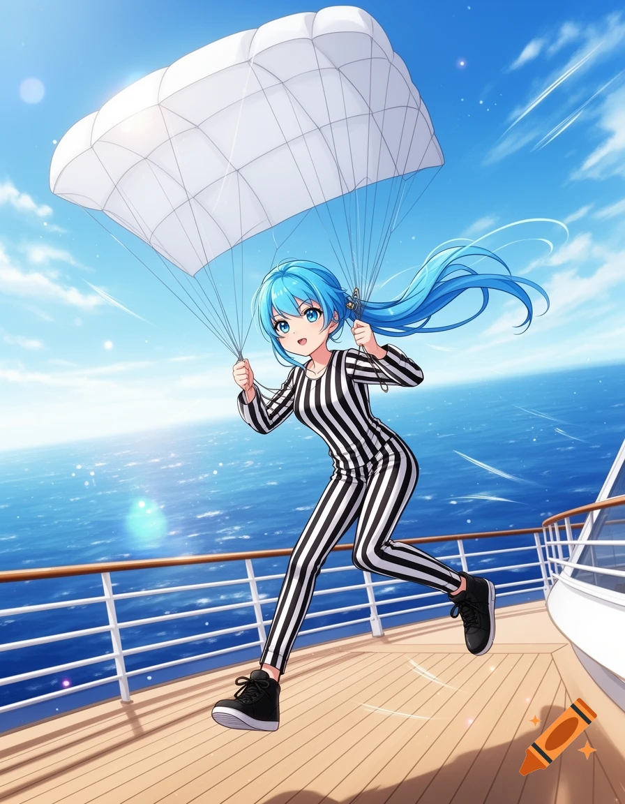 Anime girl with blue hair in a striped jumpsuit, landing with a white parachute on a cruise ship deck over the ocean.
