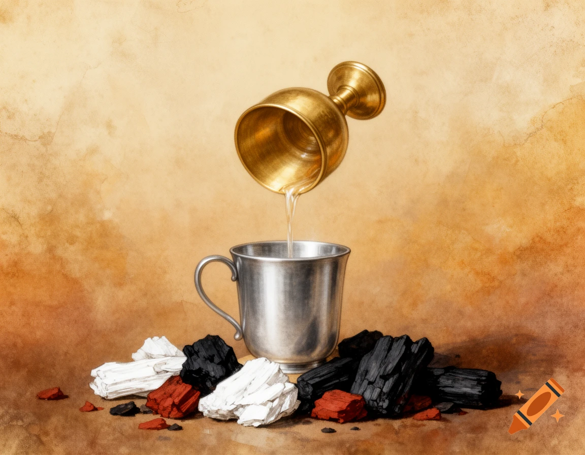 A golden goblet pours liquid into a silver cup, surrounded by white, black, and red charcoal pieces on a sepia background, vintage art style.