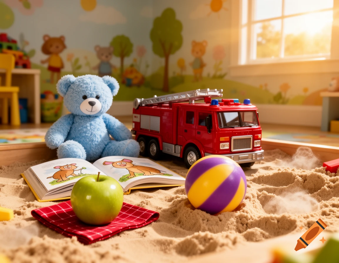A blue teddy bear, red fire truck, and other toys in a sandbox with an apple and an open book in a sunny playroom.
