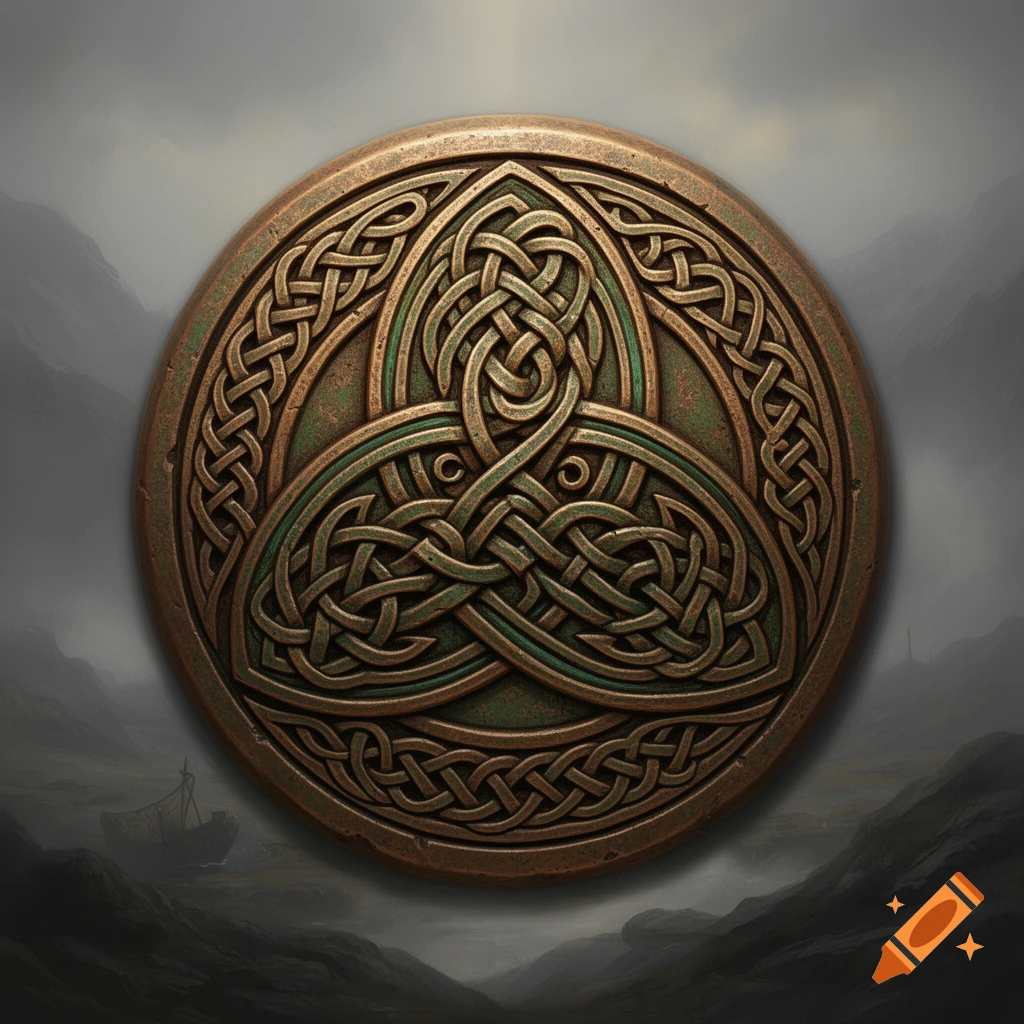 A bronze circular emblem featuring intricate green Celtic knotwork, set against a dark, misty landscape.
