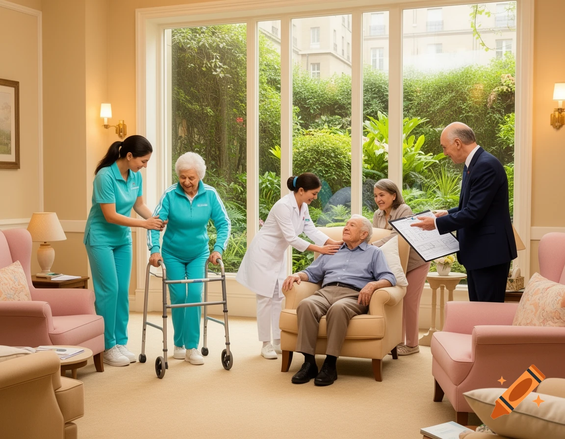 Caregivers assist elderly residents in a bright common room with large windows. A man in a suit shows documents to an elderly couple.