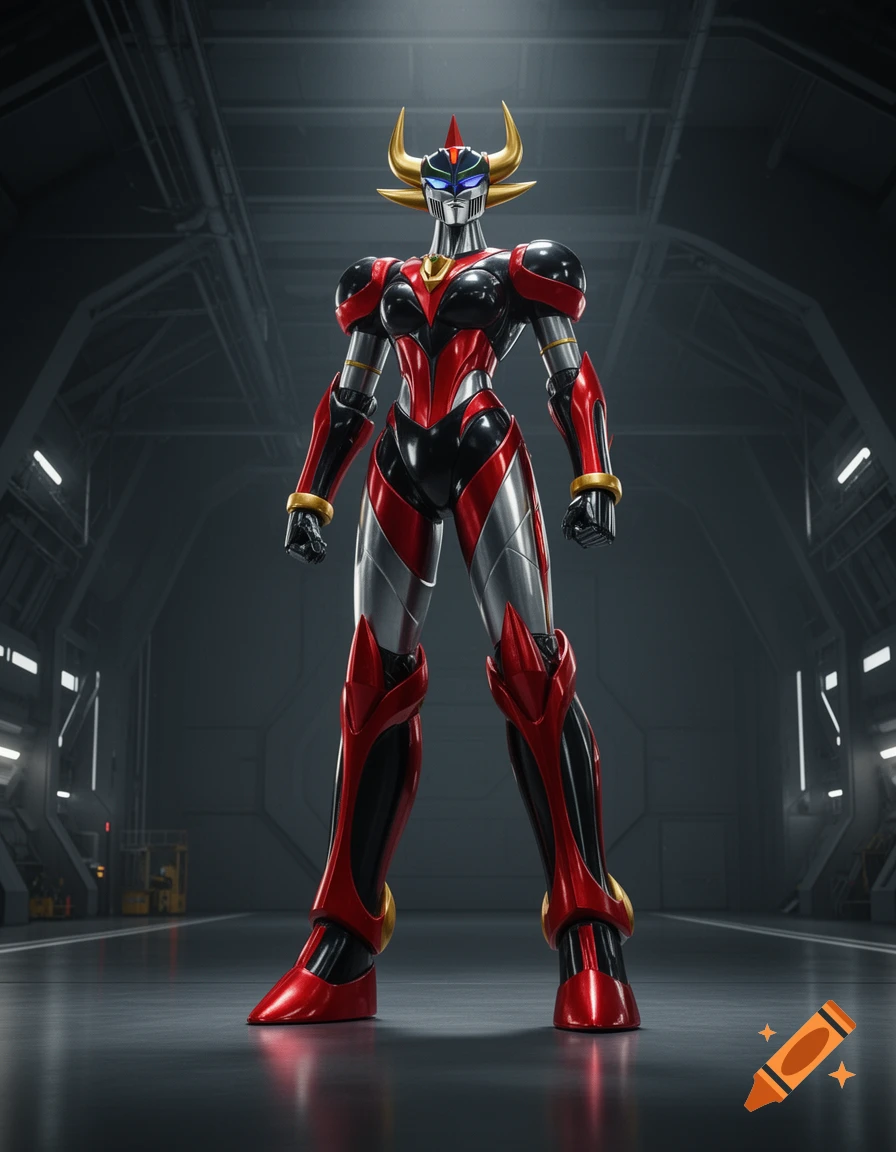A red, black, and silver feminized Grendizer robot stands in a dark, futuristic hangar with reflective floors.