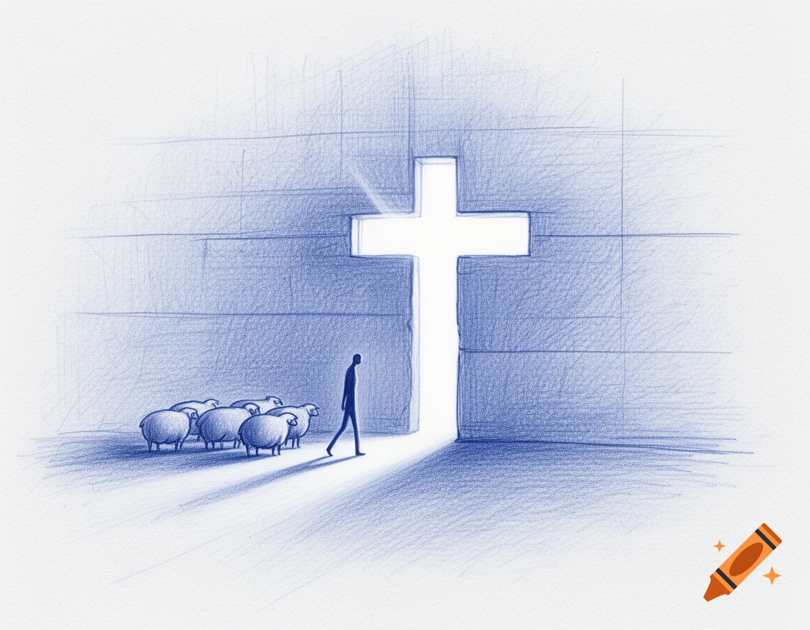Blue monochrome pencil sketch of a figure and sheep walking towards a glowing cross-shaped opening in a wall.