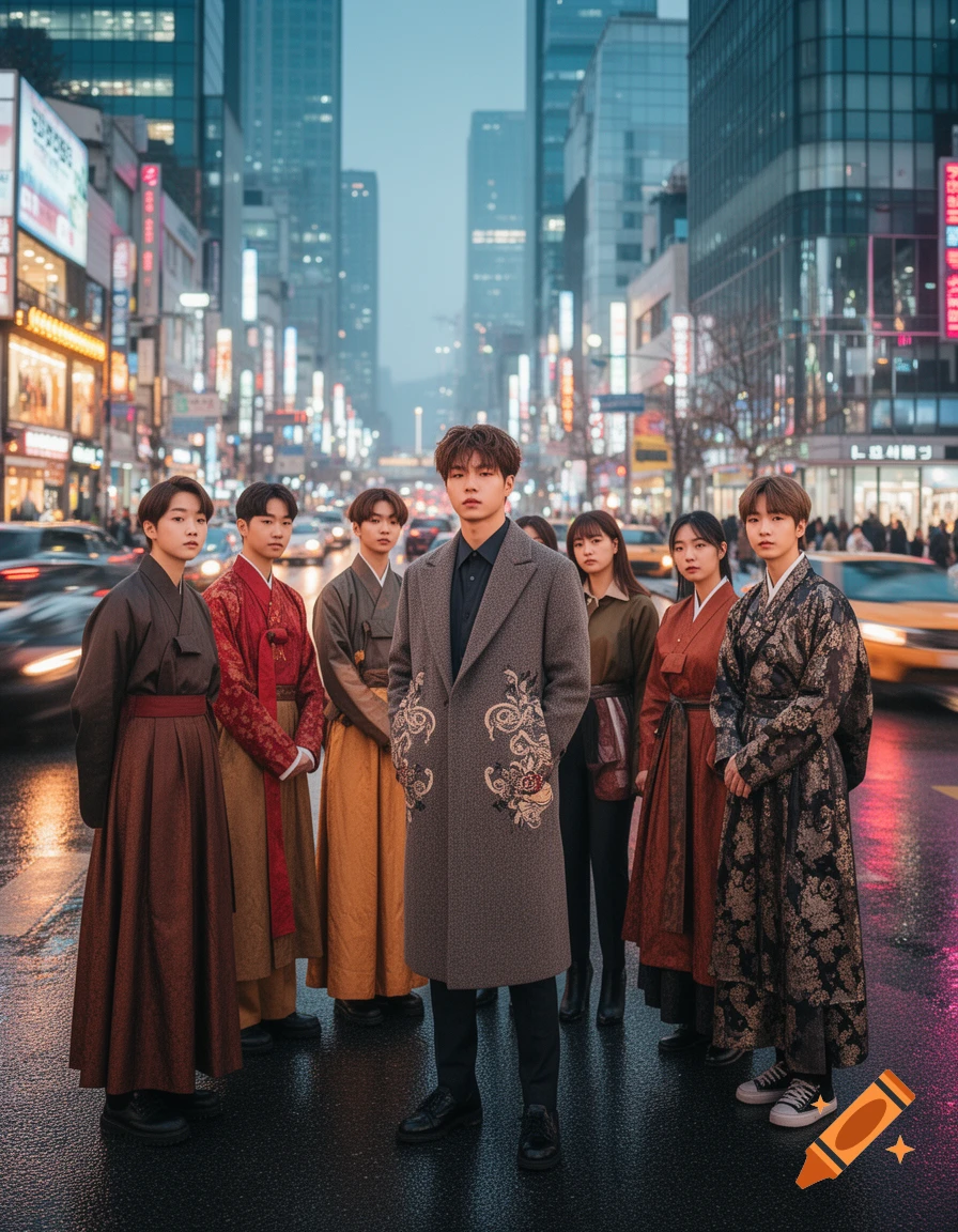 A group of Korean individuals wearing traditional and modern clothing stand on a wet city street at dusk, with bright neon signs and blurred cars in the background.