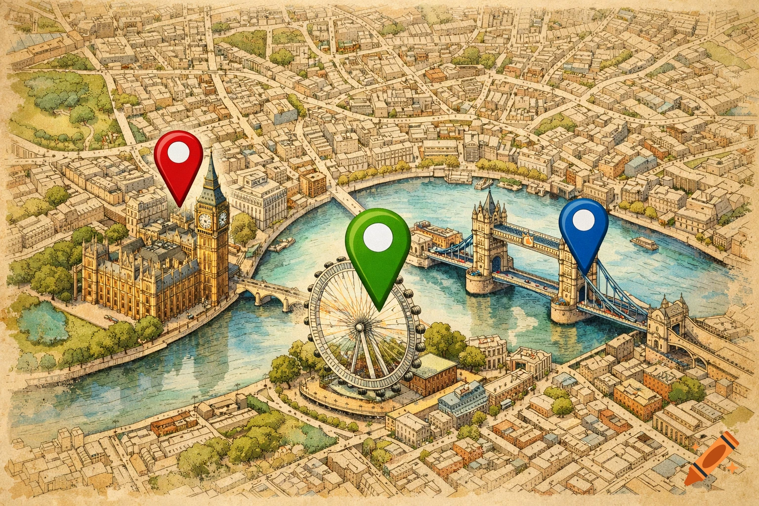 Watercolor map of London with Big Ben, London Eye, and Tower Bridge marked by colorful pins.