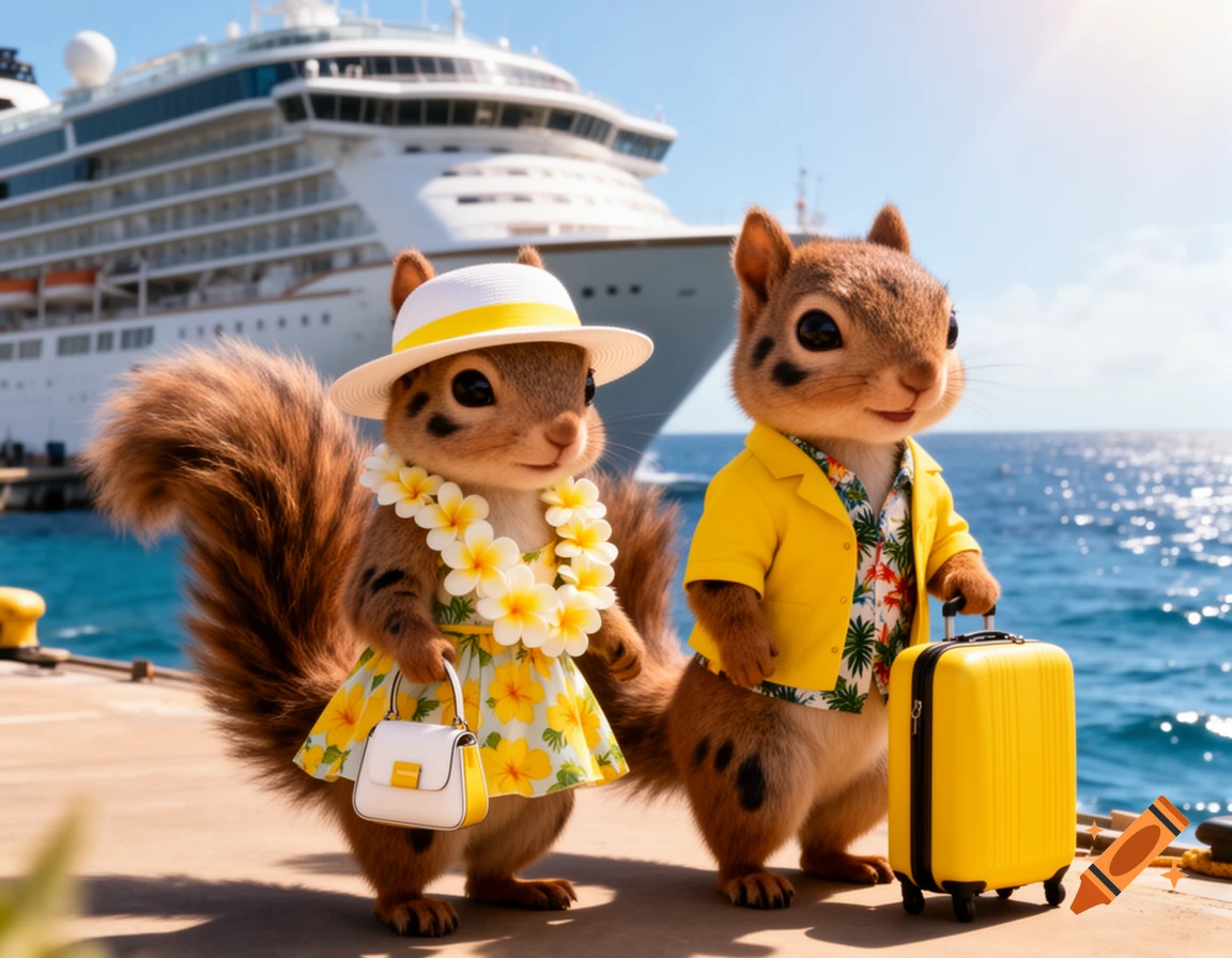 Two anthropomorphic squirrels, one in a yellow dress and sunhat, the other in a yellow jacket, stand on a dock with a cruise ship in the background.