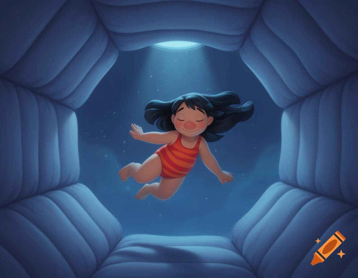 Cartoon Lilo from Lilo & Stitch floats peacefully in a dim blue, padded, zero-gravity room while wearing a striped swimsuit.