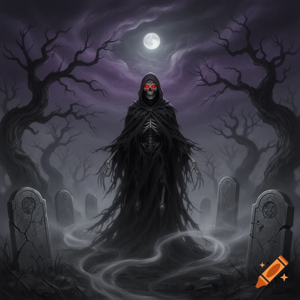 A skeletal grim reaper with glowing red eyes stands in a misty ...