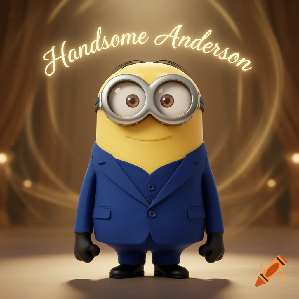 A 3D animated Minion character in a blue suit, standing, with 'Handsome Anderson' glowing above.