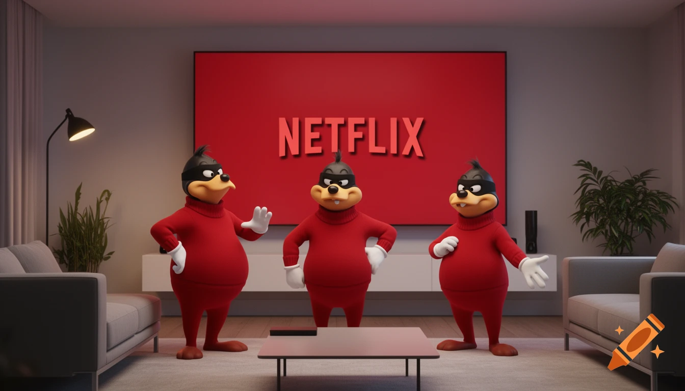 Three animated Beagle Boys in red turtlenecks and black masks stand in a living room, with a large TV screen displaying 'NETFLIX'.