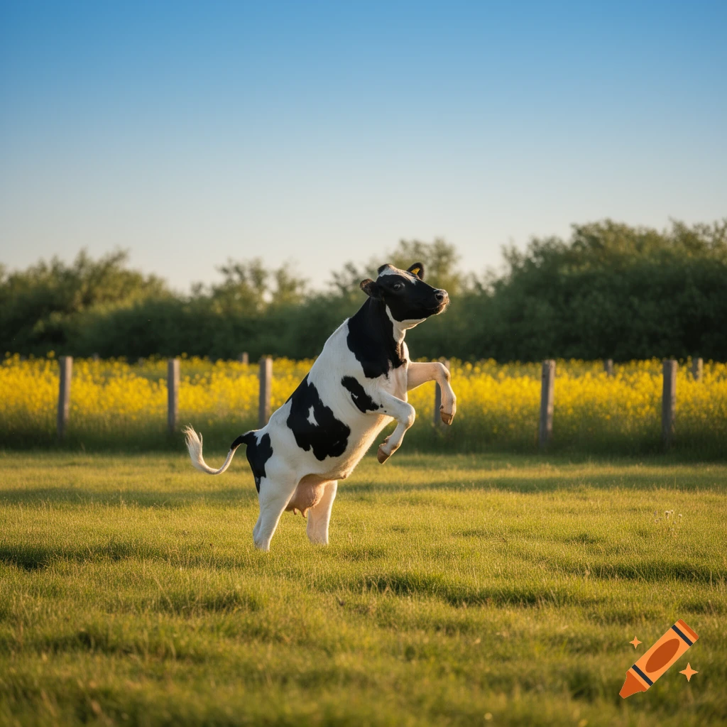 A black and white cow leaps playfully on its hind legs in a sunny green field with yellow flowers and trees in the background.