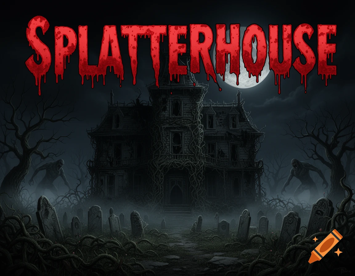 Dark horror illustration with 'SPLATTERHOUSE' text above a haunted mansion, graveyard, and zombie figures under a full moon.