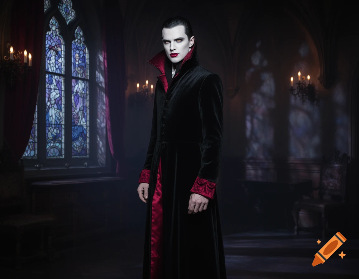 A pale man dressed as a vampire in a black and red velvet coat stands in a dark gothic room with stained glass windows, looking forward.