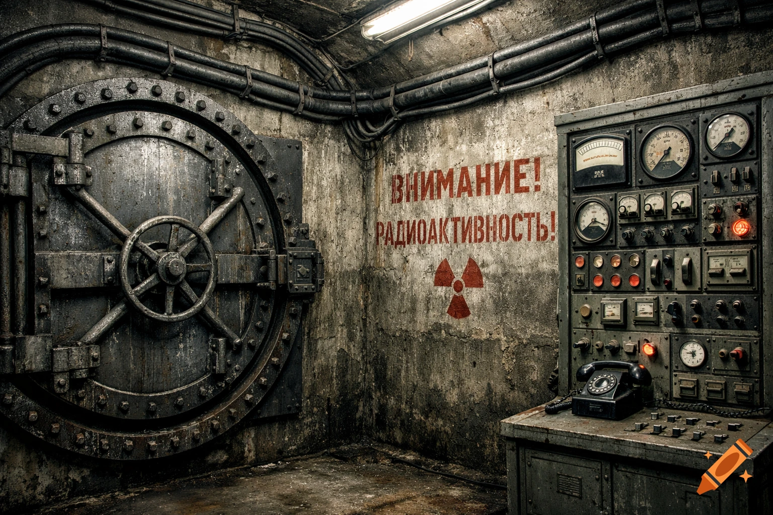 Photorealistic scene inside a grim nuclear bunker with a large vault door, control panel, and a "radioactive" warning on the concrete wall.