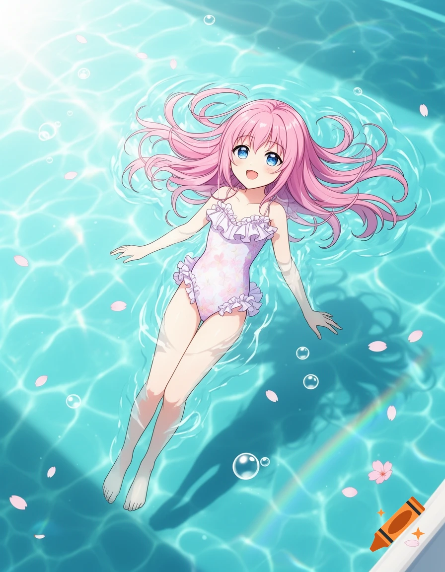An anime girl with pink hair and blue eyes floats on her back in a sparkling blue swimming pool, surrounded by floating pink flower petals.