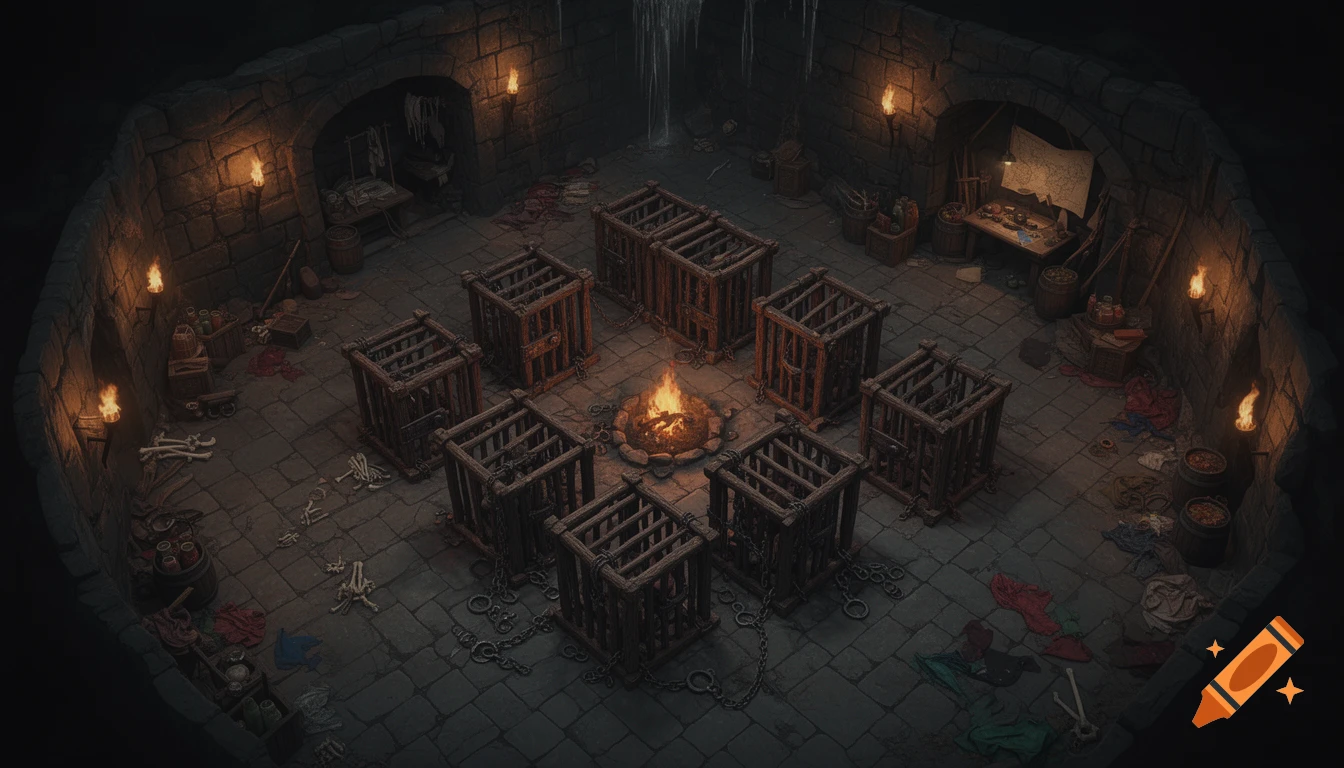 Overhead view of a dark dungeon battlemap featuring numerous wooden cages, a central campfire, scattered skeletons, and tools in alcoves.