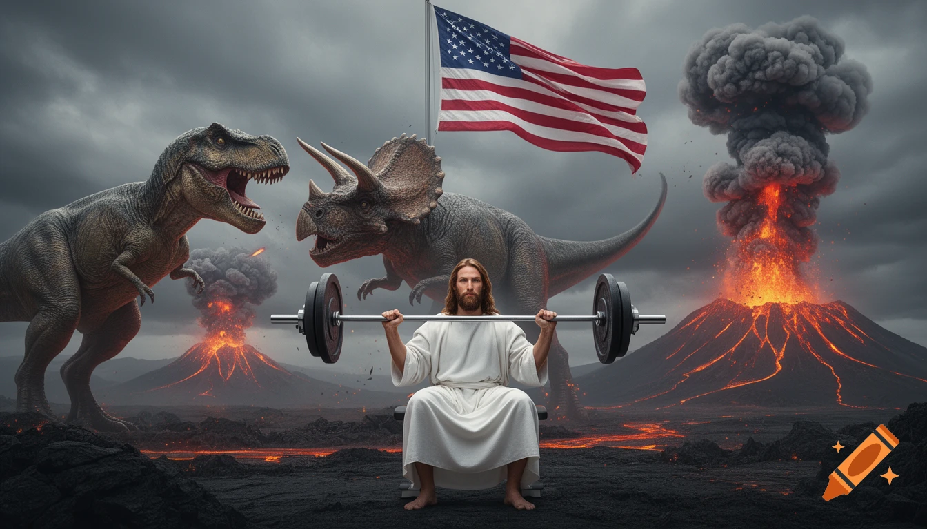 Jesus doing a bench press in a volcanic landscape with fighting dinosaurs and an American flag.