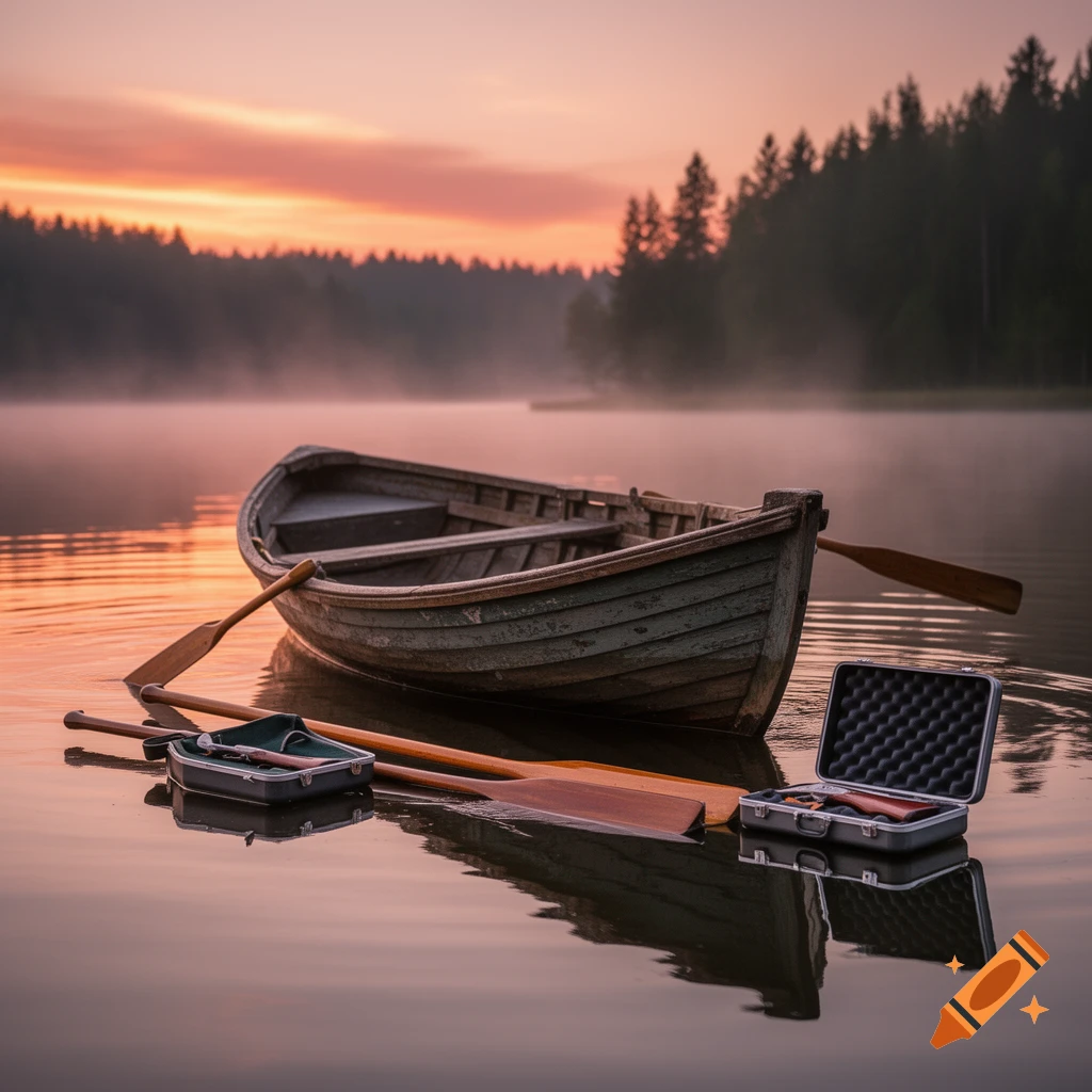 A wooden rowboat floats on a misty lake at sunrise, with two equipment cases and paddles beside it, and a forest in the background.