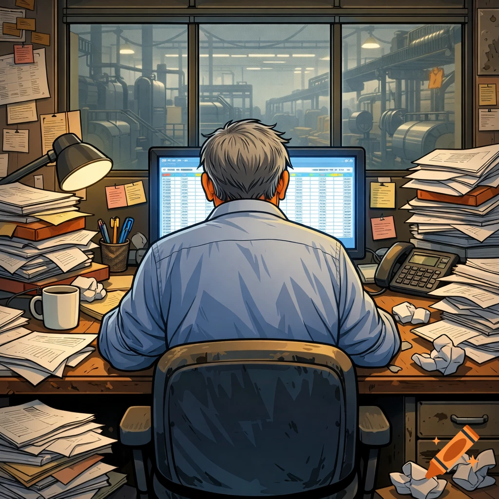 Cartoon of an older man's back, sitting at a cluttered desk in a factory office, working on a computer.