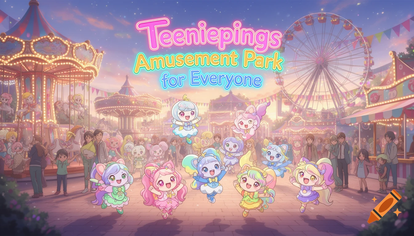 Anime characters at a colorful amusement park with a carousel and Ferris wheel under a starry sky. Text reads: 'Teeniepings Amusement Park for Everyone'.