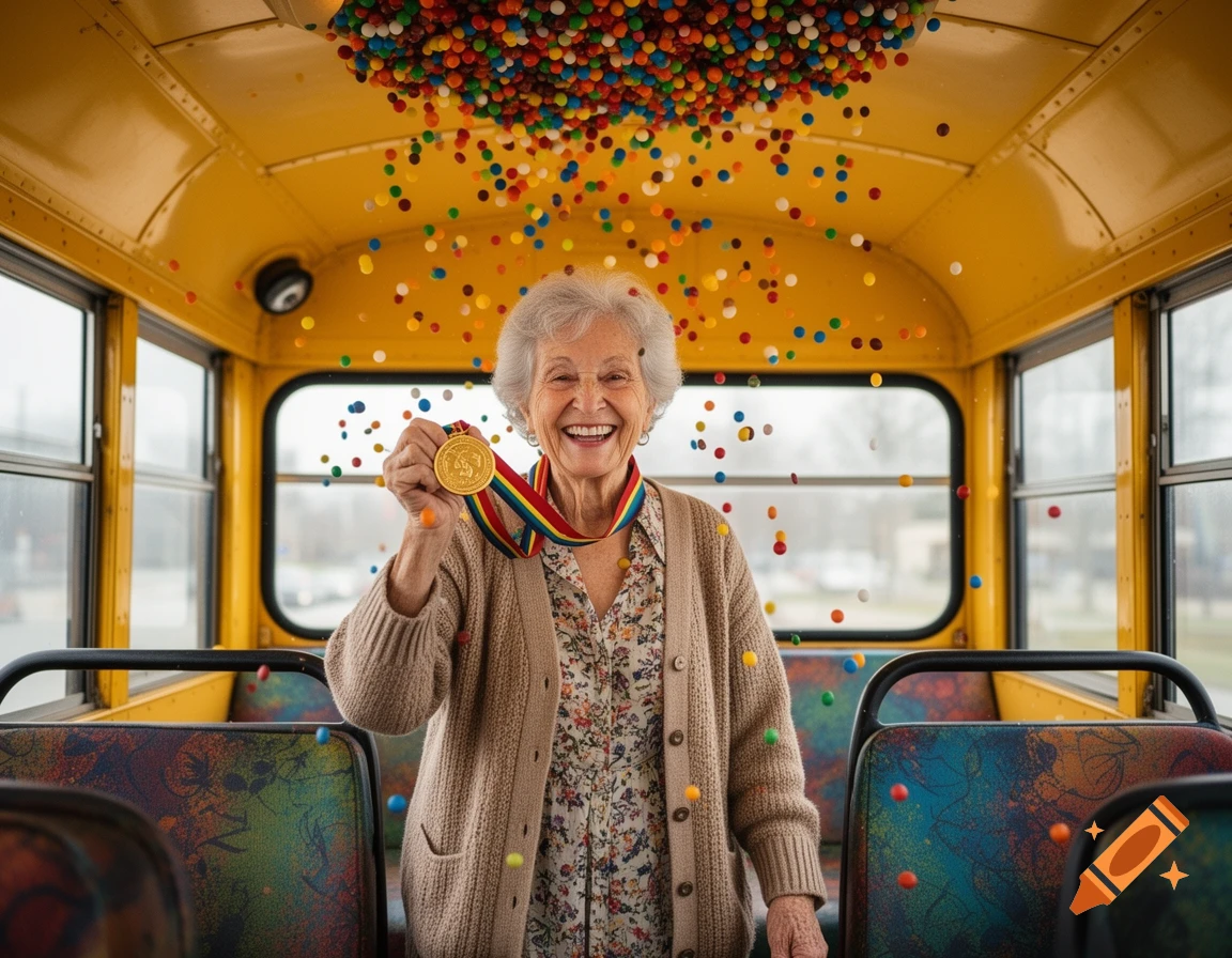 A smiling elderly woman holds up a gold medal inside a yellow school bus, surrounded by falling colorful candies.