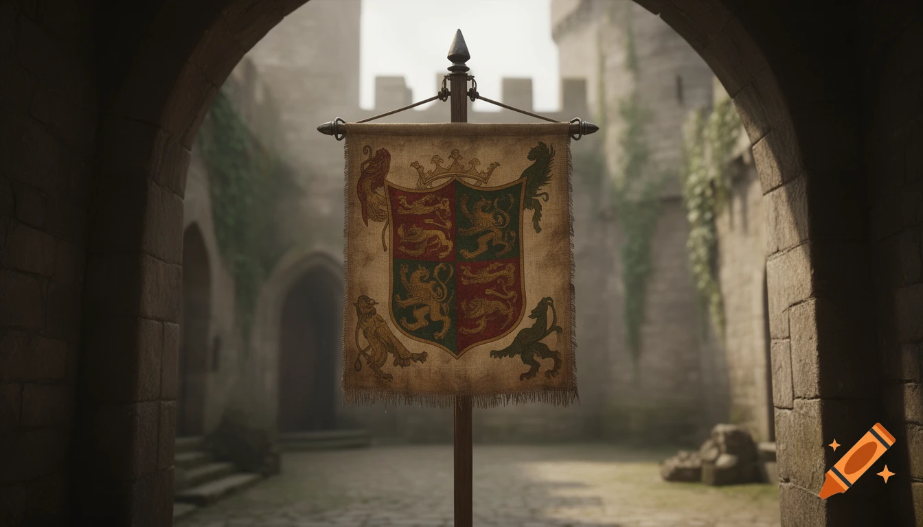 A medieval coat of arms banner hangs in a stone castle courtyard, viewed through an archway.