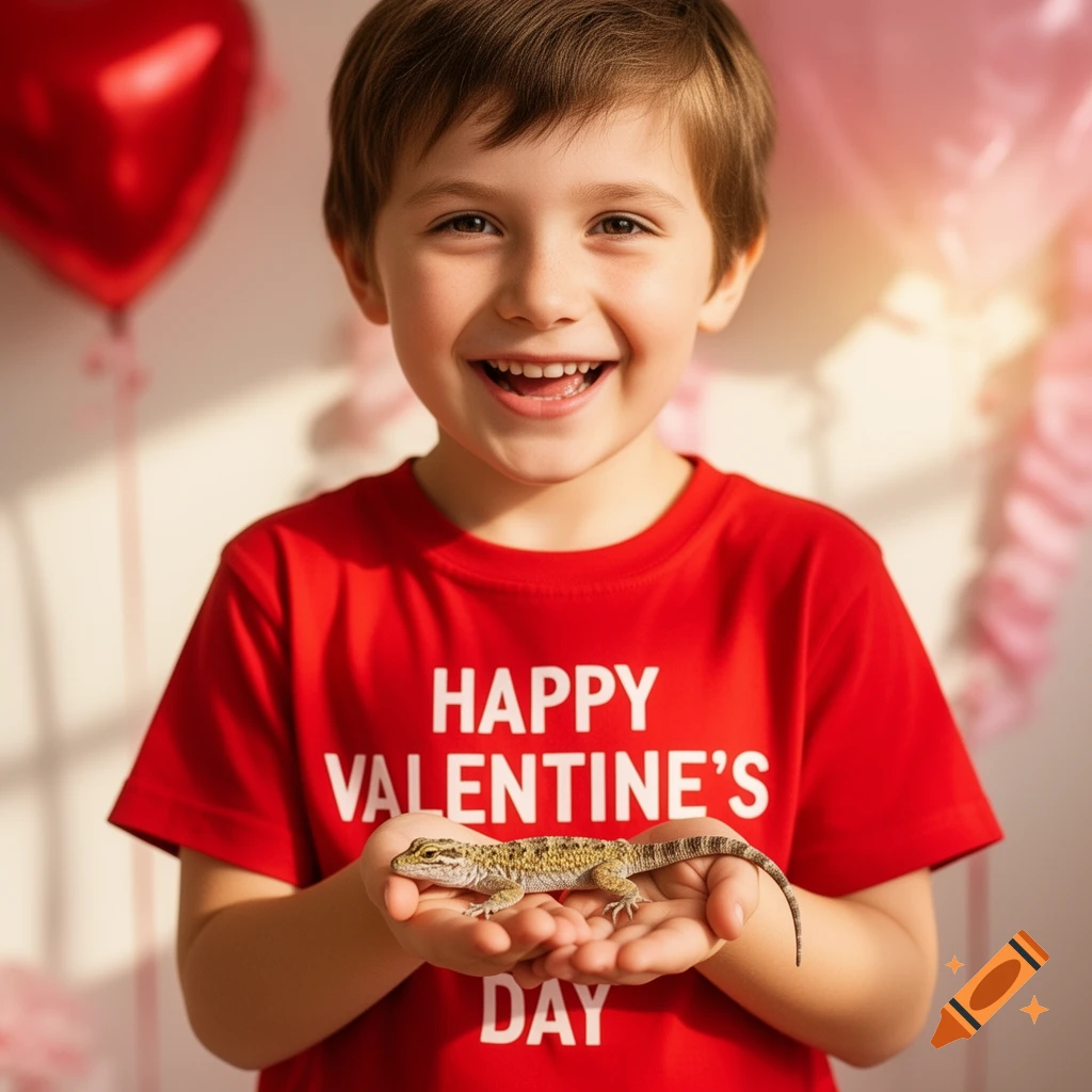 A smiling young boy in a red 'Happy Valentine's Day' shirt holds a small gecko, with heart balloons in the background.