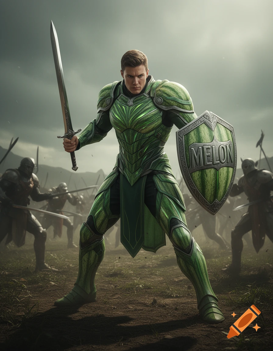 Photorealistic warrior in green, melon-themed armor holds a sword and shield that says 'MELON' on a cloudy battlefield.