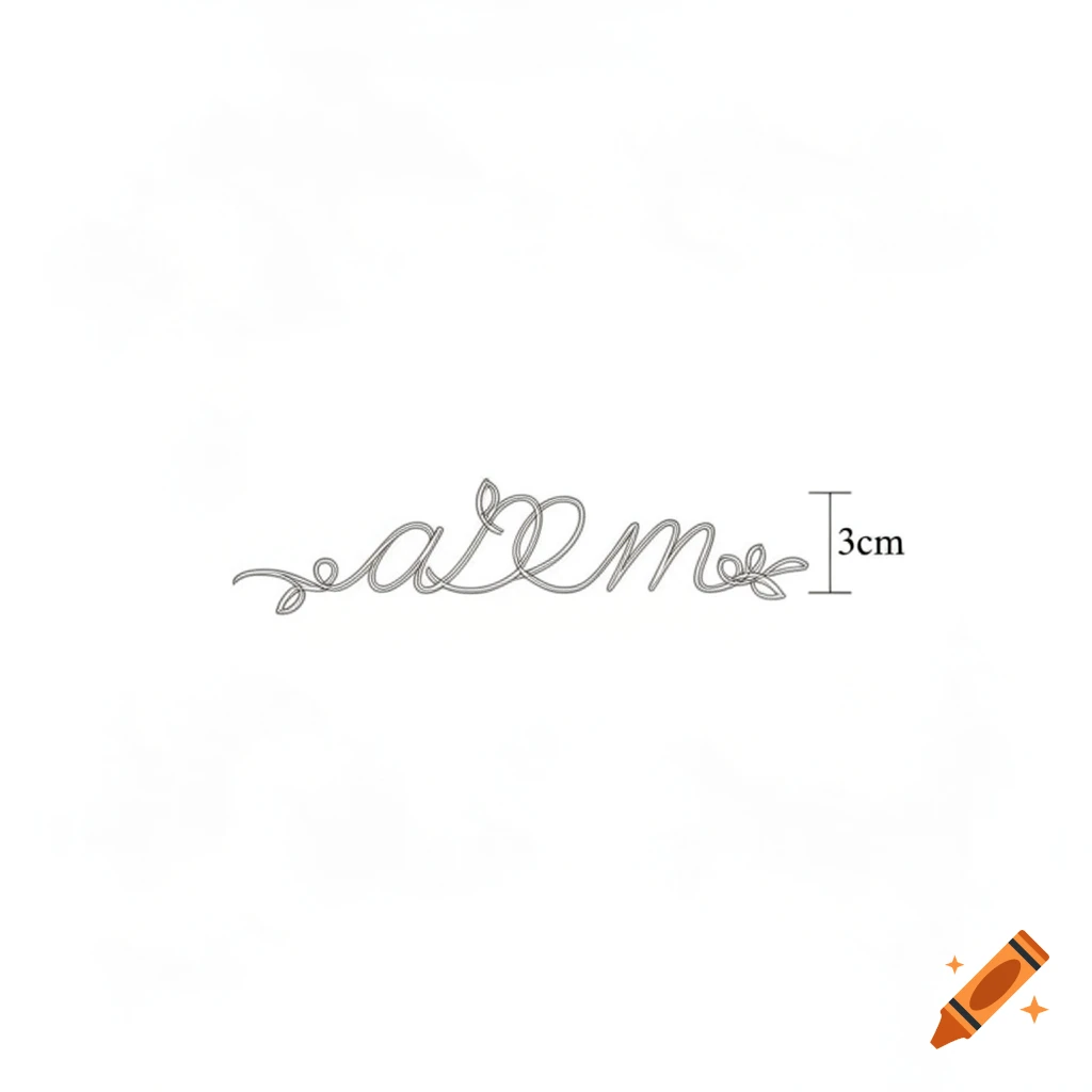 Delicate, intertwined line art tattoo design with letters 'a', 'r', 'm' and a '3cm' measurement on a white background.