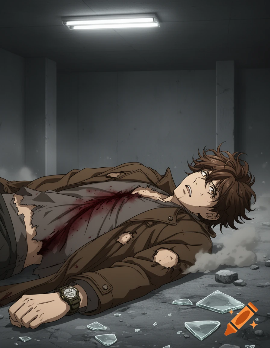 Anime illustration of a brown-haired man with a bloody chest wound, wearing a brown coat and watch, lying on a concrete floor with broken glass.