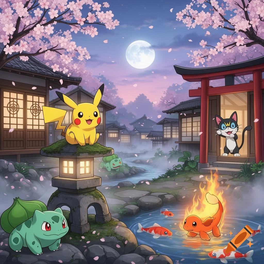 Pikachu, Bulbasaur, and Charmander in an anime-style Japanese village under cherry blossoms and a full moon, with koi fish in a stream.