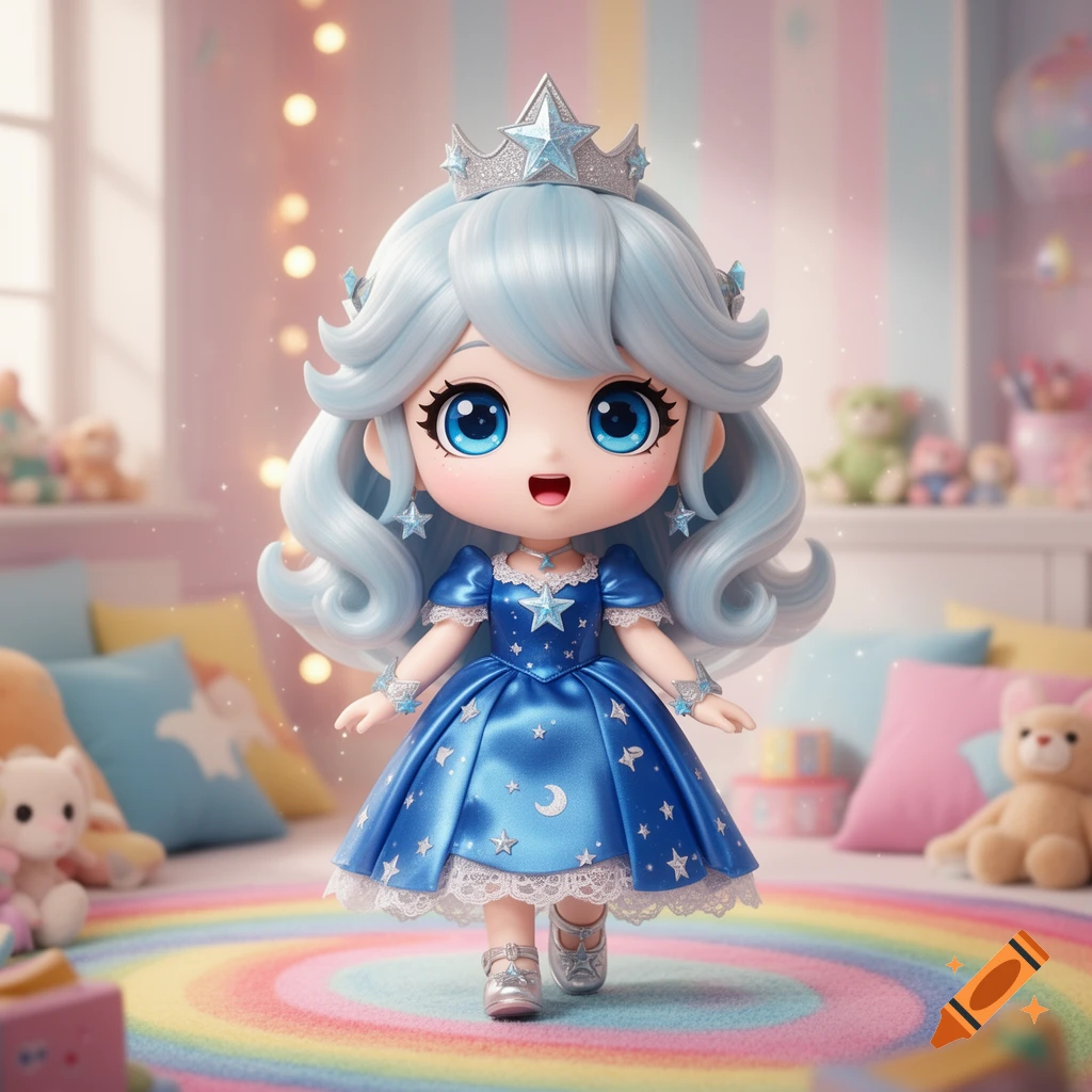 A super cute chibi doll with light blue hair, a star crown, and a blue starry dress stands on a rainbow rug in a kawaii playroom.