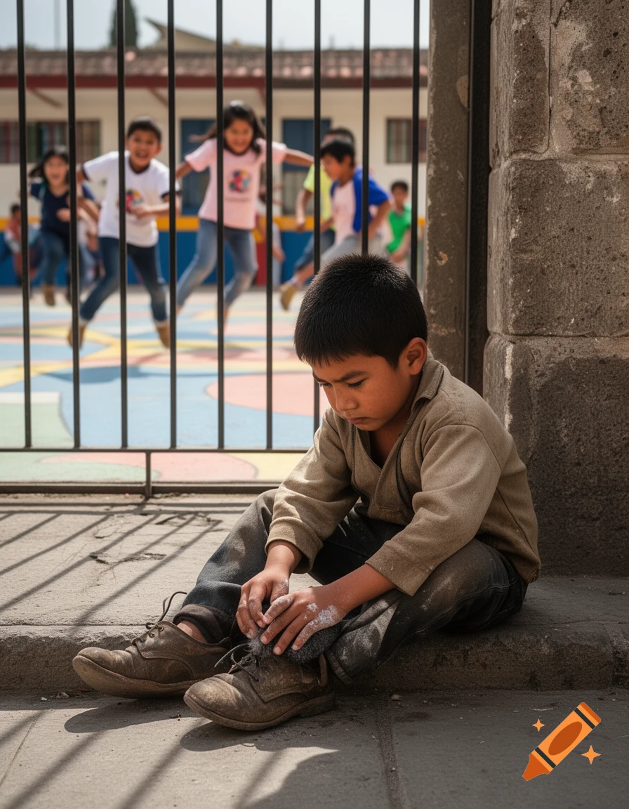 A sad young boy sits on a curb, shining shoes, while other children play cheerfully behind a fence in the background.