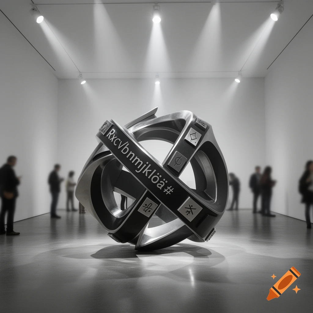 Photorealistic image of a metallic abstract sculpture with text "Rxcvbnmjklöä#" in a brightly lit modern art gallery.
