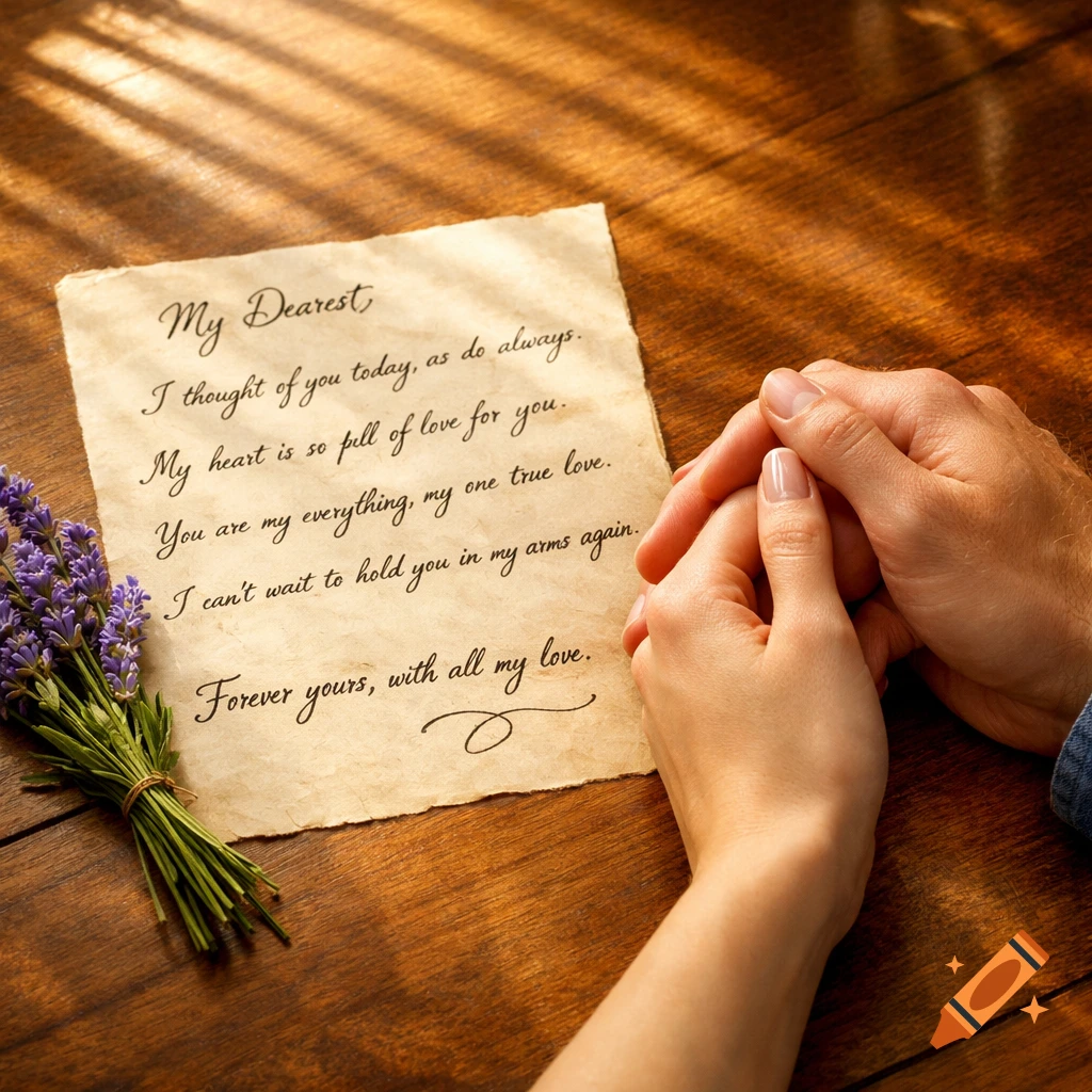Close-up of a love letter and a bouquet of lavender on a wooden table, with two hands gently clasped over the letter.