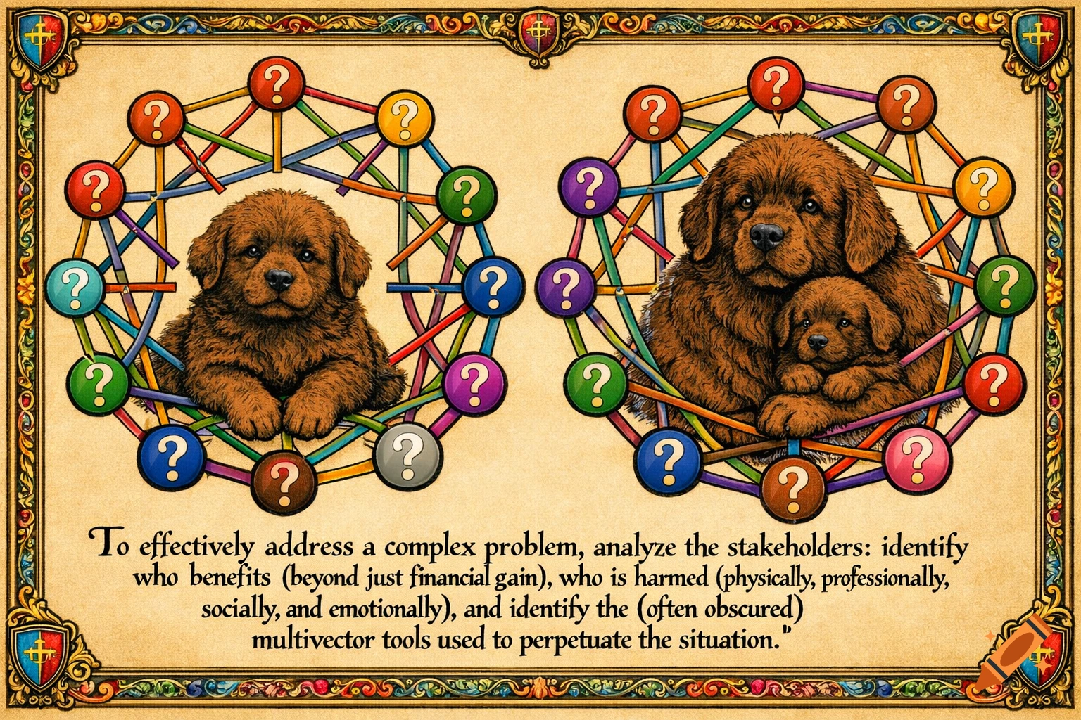 Arthur Szyk-inspired illustration of a brown Newfoundland puppy and a mother dog with a puppy, each centered in colorful interconnected networks with question mark nodes. Text at bottom reads "To effectively address a complex problem, analyze the stakeholders: identify who benefits..., who is harmed..., and identify the multivector tools used to perpetuate the situation."