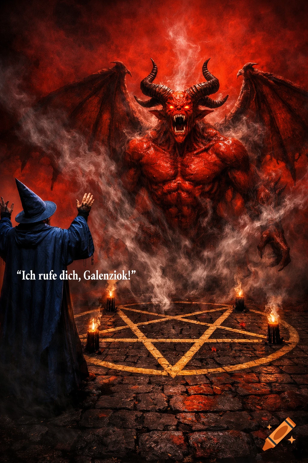 A wizard summons a red demon with wings and horns, standing over a glowing pentagram with candles, in a dark fantasy setting.