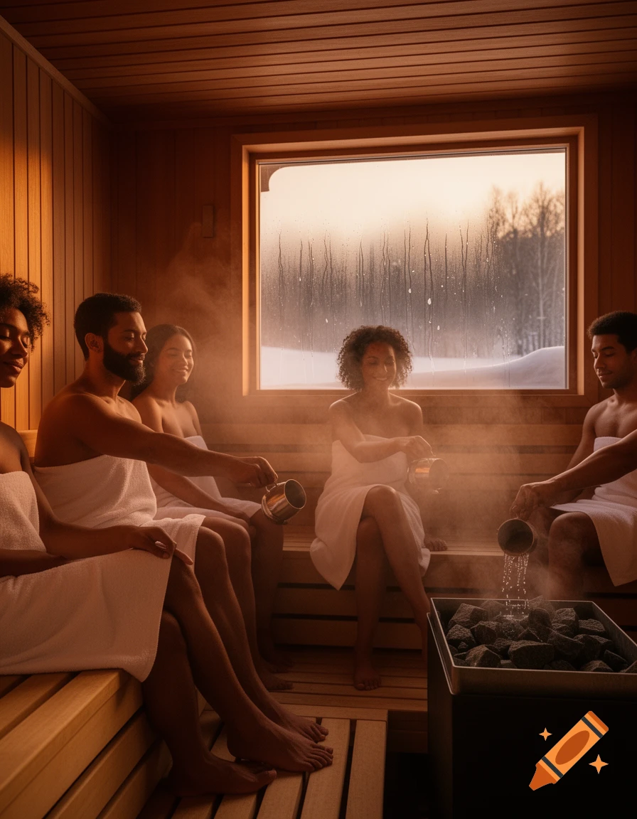 People in towels relaxing in a steamy wooden sauna with a snowy window view.