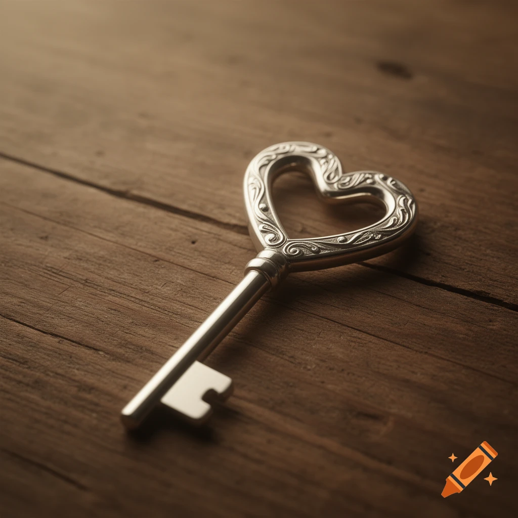 A silver key with a heart-shaped handle, intricately decorated, rests on a rustic wooden surface.