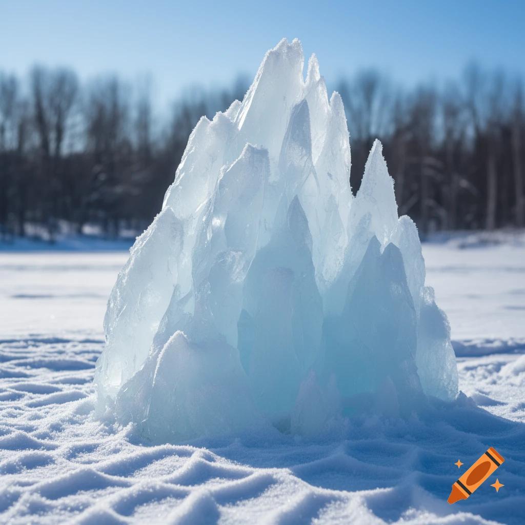 A jagged, translucent blue ice formation stands on textured snow under a clear blue sky, with blurry trees in the background.