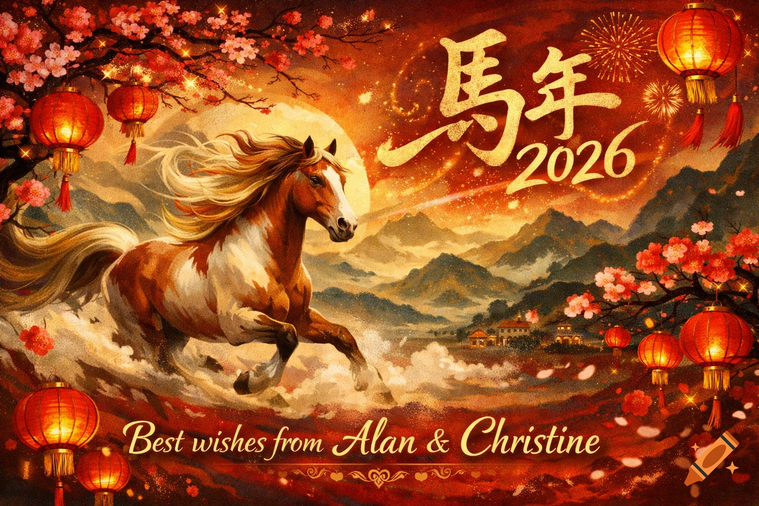 Painterly Chinese New Year image featuring a galloping horse, red lanterns, cherry blossoms, and text '馬年2026 Best wishes from Alan & Christine'.