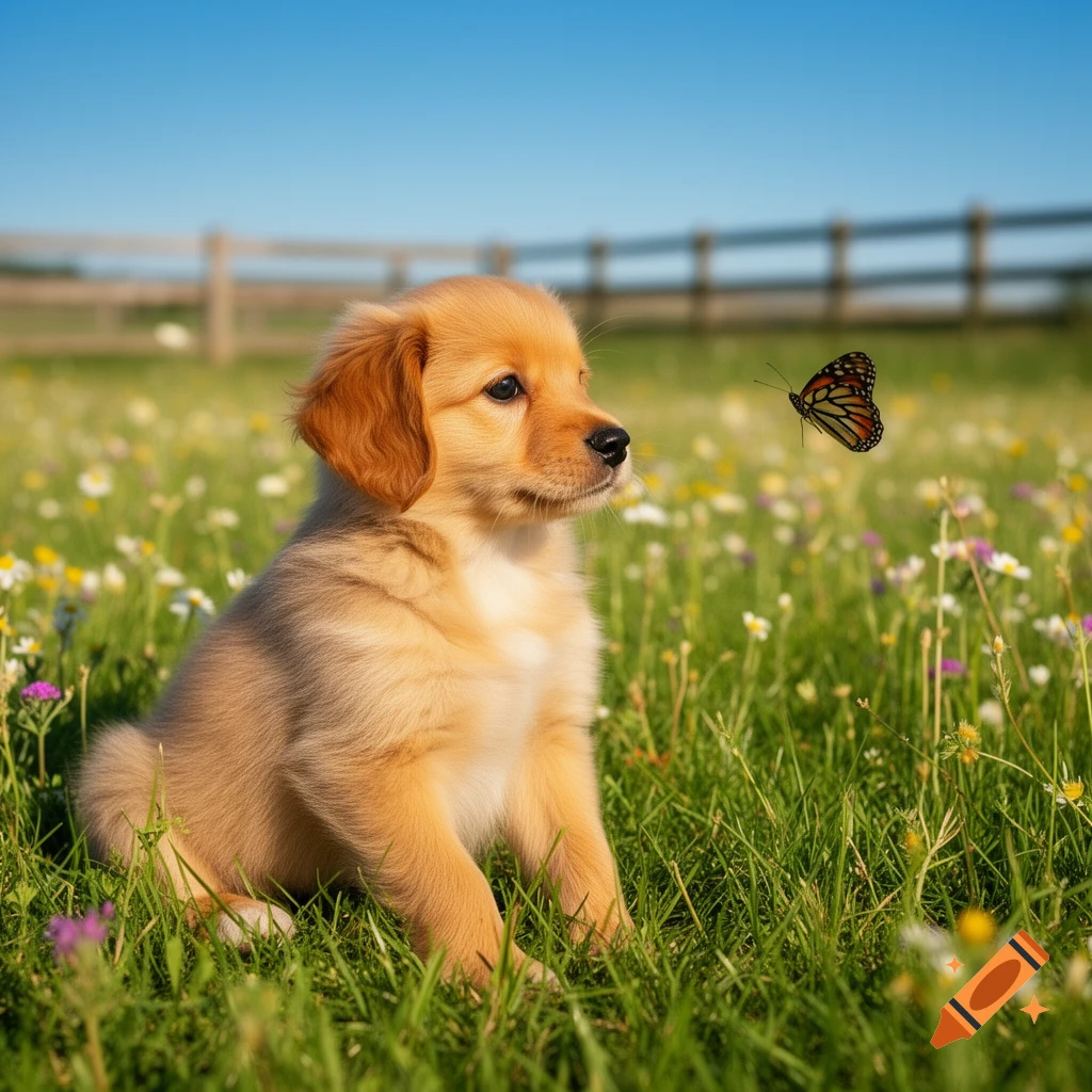 A golden puppy sits in a sunny field of wildflowers, looking at a monarch butterfly.