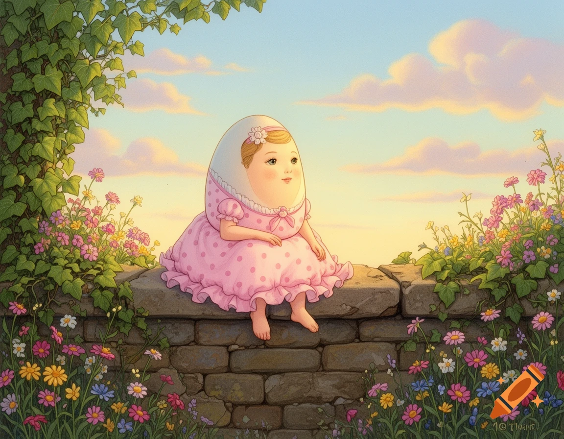 An illustration of a female egg-shaped Humpty Dumpty in a pink polka-dot dress sitting barefoot on a stone wall with flowers and ivy, against a pastel sky.