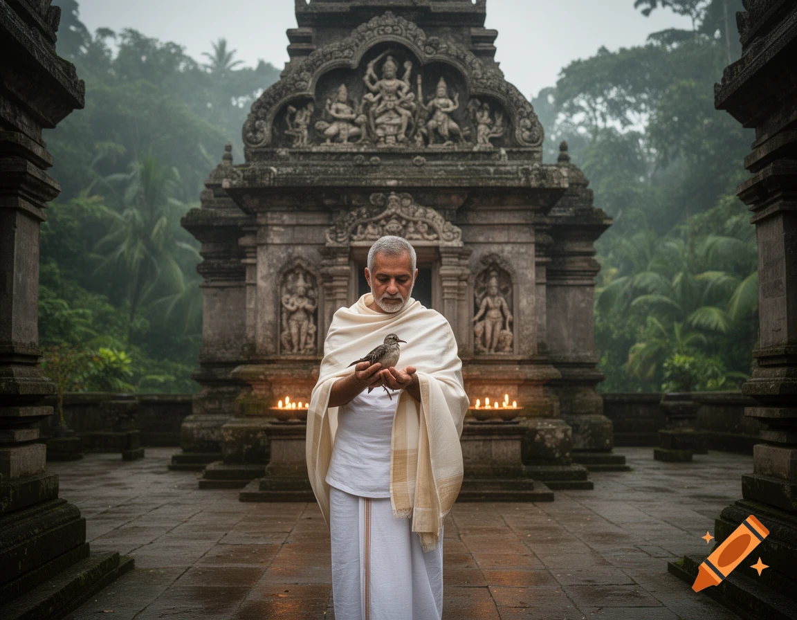 A man in white robes gently holds a small bird in his hands, standing before an ornate stone temple surrounded by a lush, misty jungle.