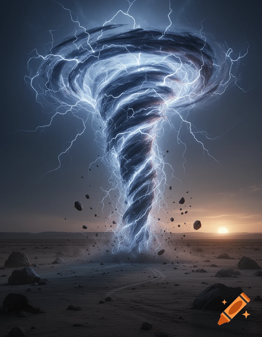 A powerful electrical tornado composed of swirling blue energy and lightning rises from a barren desert landscape at sunset.