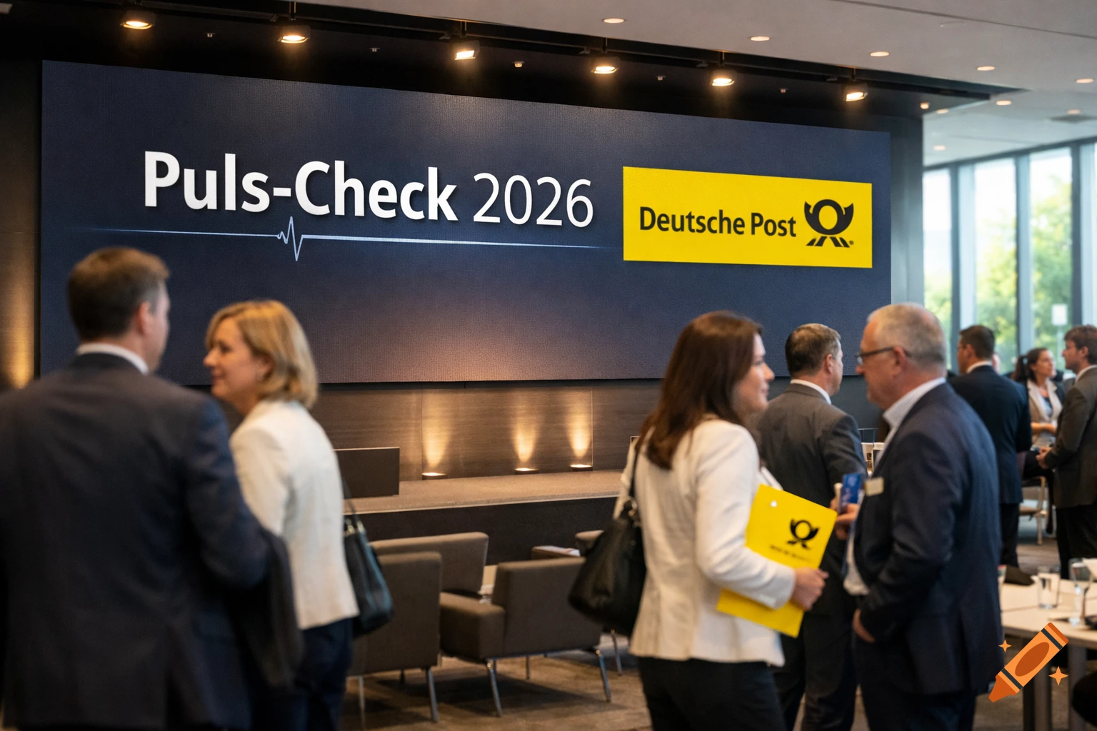 People networking at a business event, a large screen displays 'Puls-Check 2026' and the 'Deutsche Post' logo.