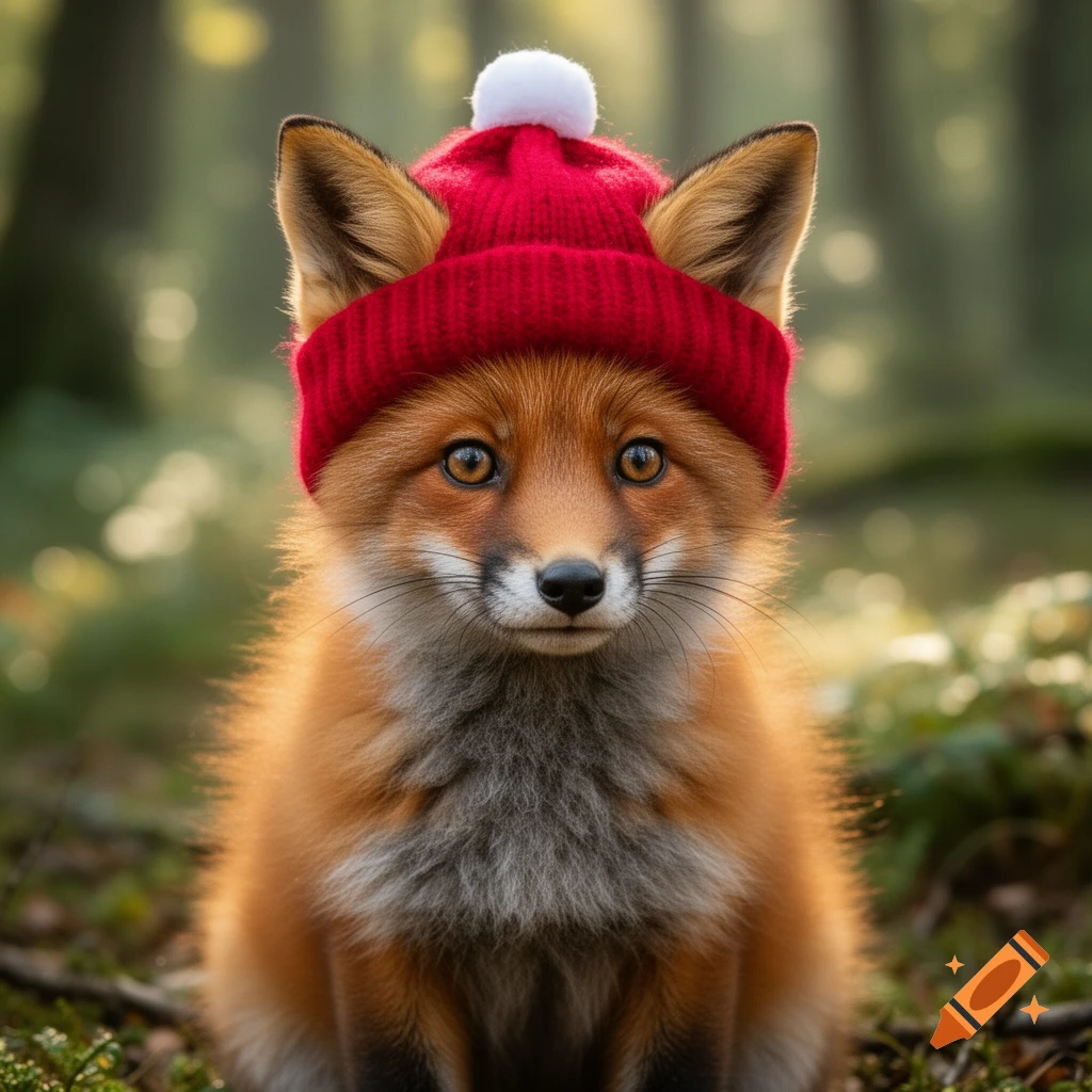 A cute fox wearing a red knitted hat with a white pompom, looking directly at the viewer in a forest setting.